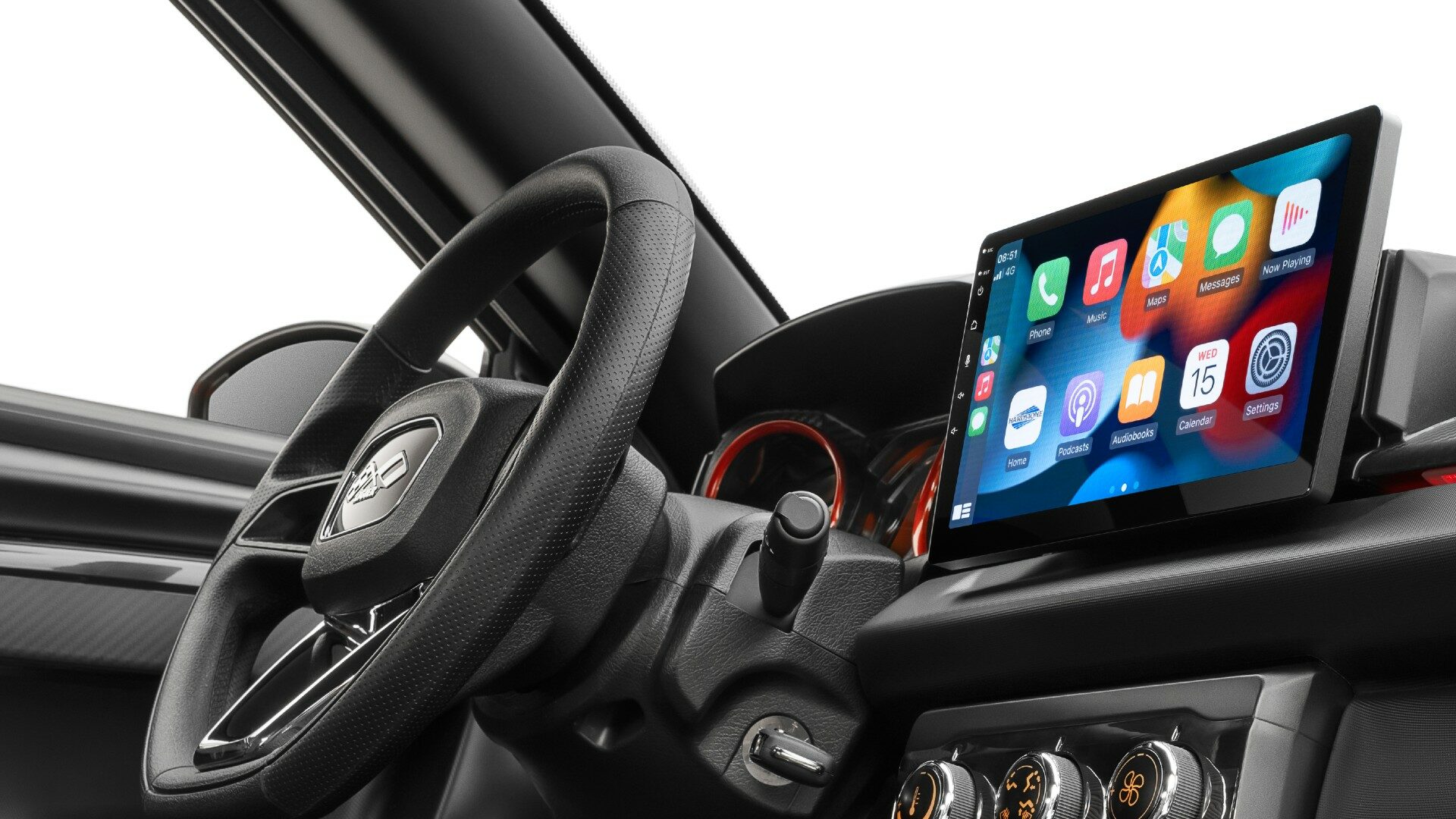 Stor touchscrenn i Ligier mopedbil. 10" med Carplay / Android Auto